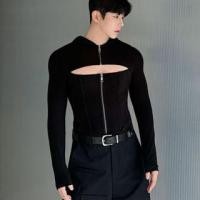 ราคา Long-Sleeve Plain Cutout Hooded Zip-Up Top (1130861983)