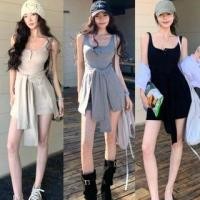ราคา Sleeveless Scoop Neck Mock Two-Piece Plain Tie Waist Mini Sheath Dress (1129930726)