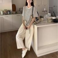 ราคา Maternity Short-Sleeve Round Neck Striped T-Shirt / Mid Rise Plain Wide Leg Pants / Set (1130076936)