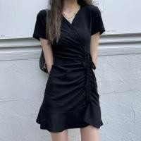 ราคา Short-Sleeve V-Neck Plain Drawstring Ruched Mini A-Line Dress (1129547266)