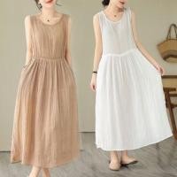 ราคา Sleeveless Round Neck Plain Drawstring Waist Maxi A-Line Dress (1129306997)