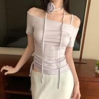 ราคา Set: Short-Sleeve Off-Shoulder Plain Drawstring Ruched Slim Fit Crop Top + Floral Choker (1129930802)