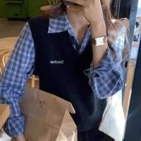 ราคา Mock Two-Piece Long-Sleeve Lettering Knit Panel Plaid Shirt (1130937100)