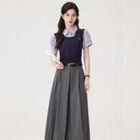 ราคา Short-Sleeve Collared Mock Two-Piece Striped Knit Panel Crop Blouse / High Rise Plain Pleated Maxi A-Line Skirt (1129466354)