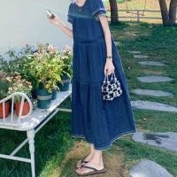ราคา Short-Sleeve Contrast Trim Denim Maxi Smock Dress (1130107251)