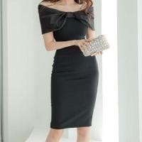 ราคา Short-Sleeve Off-Shoulder Plain Bow Sheath Dress (1129854871)