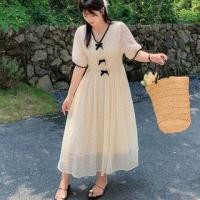 ราคา Short-Sleeve V-Neck Dotted Bow Midi A-Line Dress (1129636327)