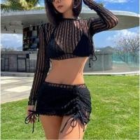 ราคา Set: Halter Plain Bikini Top + Bottom + Long-Sleeve Cover Up + Drawstring Swim Skirt (1129243214)