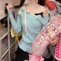 ราคา Cold-Shoulder Lace Strap Ribbed Knit Top Aqua Blue - One Size (1130913977)