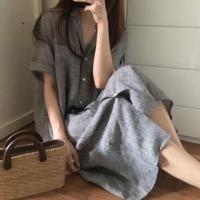 ราคา Short-Sleeve Striped Button-Up Midi Shirtdress (1128251602)