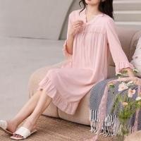 ราคา 3/4-Sleeve V-Neck Plain Bow Ruffle Pajama Dress (1128517454)