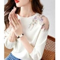 ราคา 3/4-Sleeve Round Neck Cold Shoulder Floral Embroidered Knit Top White - One Size (1128577917)