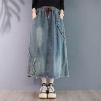 ราคา Drawstring Waist Floral Embroidered Washed Frayed Denim Midi A-Line Skirt (1130953401)
