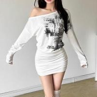 ราคา Long Sleeve One Shoulder Patterned Print Ruched Mini Sheath Dress (1130953914)