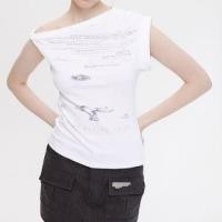 ราคา Sleeveless One Shoulder Patterned Lettering Print Top (1128807068)