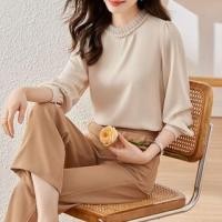 ราคา Set: Puff-Sleeve Plain Faux Pearl Blouse + High Waist Cropped Straight Leg Pants (Various Designs) (1128058715)