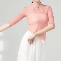 ราคา Elbow-Sleeve Stand Collar Plain Asymmetrical Cutout Slit Mesh Slim Fit Crop Top (1127897054)