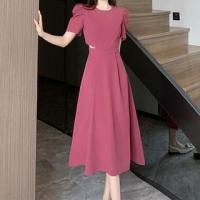 ราคา Short-Sleeve Crew Neck Plain Cutout Midi A-Line Dress (1128677916)