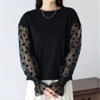 ราคา Long-Sleeve Crewneck Dotted Panel Blouse (1128596644)
