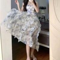 ราคา Spaghetti Strap V-Neck Floral Print Ruffle Midi A-Line Wrap Dress (1128240474)