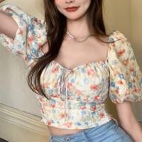 ราคา Puff Sleeve Square-Neck Floral Print Slim-Fit Crop Top Off-White - One Size (1127296917)