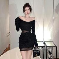 ราคา Off-Shoulder Long-Sleeve Sequined Mesh Panel Mini Bodycon Dress (1127580367)