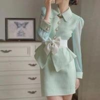 ราคา Set: Puff-Sleeve Faux Pearl Bow Button-Up Jacket + High Waist Mini Pencil Skirt (1127203939)