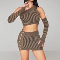 ราคา Set: One-Shoulder Striped Knit Crop Tank Top + Mid Rise Button-Up Mini Pencil Skirt + Long Gloves (1127536465)