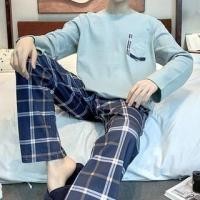 ราคา Pajama Set: Long-Sleeve Crew Neck Lettering T-Shirt + Plaid Pants (1126478158)