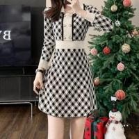 ราคา Long-Sleeve Collar Plaid Knit Mini A-Line Dress (1126909540)
