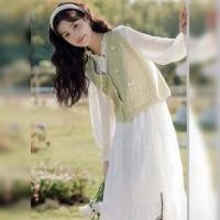ราคา Long-Sleeve Stand Collar Plain Tie Front Blouse / V-Neck Bow Accent Button-Up Crop Sweater Vest / High Waist Eyelet Panel Tiered Midi A-Line Skirt / Set (1127614174)