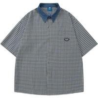 ราคา Short-Sleeve Denim Collar Plaid Applique Shirt (1130970931)