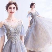 ราคา Short-Sleeve Floral Sequin Mesh Panel A-Line Evening Gown (1126138412)