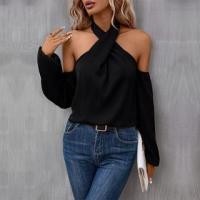 ราคา Long Sleeve Cold-Shoulder Cross-Strap Plain Top (1125517341)