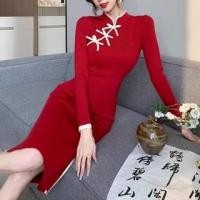 ราคา Long-Sleeve Stand Collar Bow Accent Contrast Trim Slit Midi Sheath Knit Dress (1130979290)