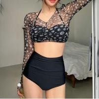 ราคา Set: Long-Sleeve Mesh Cover-Up Top+ Plain Bikini Top+ High-Waist Bottom (1123749015)