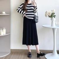 ราคา Maternity Set: Long Sleeve Round Neck Striped Knit Top + Spaghetti Strap Plain Ribbed Knit Midi A-Line Dress (1130986501)