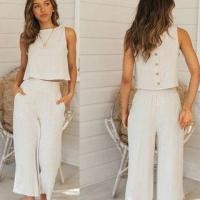 ราคา Set: Crew Neck Plain Button Crop Tank Top + Elastic Waist Cropped Wide Leg Pants (1124063388)