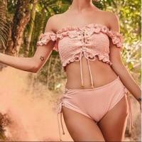 ราคา Set: Off Shoulder Plain Frill Lace Up Bikini Top + Bottom (1119939375)