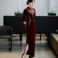 ราคา Elbow-Sleeve Sequined Velvet Maxi Qipao (1117084505)
