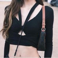 ราคา Long Sleeve Strappy Plain Cut-Out Cross-Strap Crop Top (1122233957)