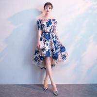 ราคา Short-Sleeve Off Shoulder Flower Patterned High-Low Mesh Midi A-Line Cocktail Dress (1118804649)