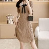 ราคา Short-Sleeve Contrast Collar Bow Accent Mini A-Line Knit Dress (1127707580)