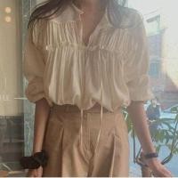 ราคา Elbow-Sleeve Tie-Neck Plain Frill Trim Chiffon Blouse (1120390864)