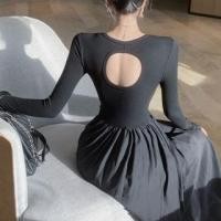 ราคา Long-Sleeve Crew Neck Plain Cutout Midi A-Line Dress (1125993508)
