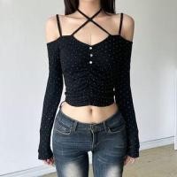 ราคา Long Sleeve Cold-Shoulder Cross-Strap Dotted Ruched Slim-Fit Crop Top (1131037218)
