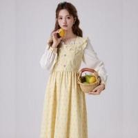 ราคา Long-Sleeve Floral Ruffle Trim Lace Panel Midi A-Line Dress (1131008217)
