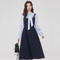 ราคา Mock Two-Piece Long-Sleeve Tie-Neck Two Tone Midi A-Line Dress (1131008577)