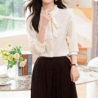 ราคา 3/4 Sleeve Stand Collar Ruffle Bowknot Striped Blouse (1131043149)