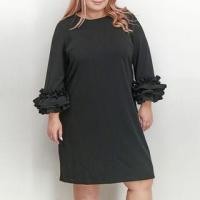 ราคา 3/4-Sleeve Crew Neck Plain Ruffle Trim Shift Dress (1131066743)